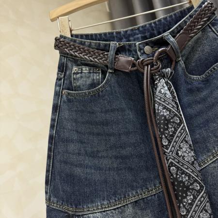 FA52759# 美式设计感不规则蕾丝拼接牛仔半身裙女春秋新款高腰显瘦A字裙子  服裝批發女裝批發服飾貨源