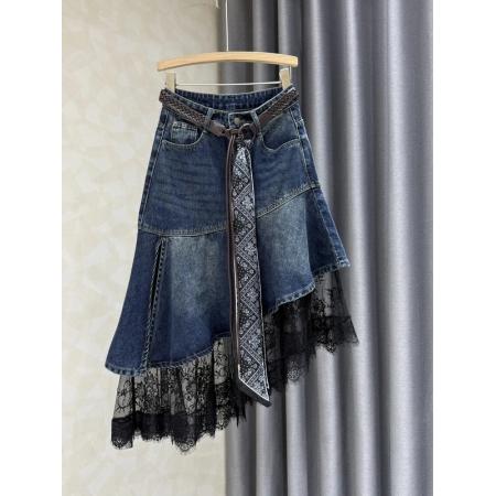 FA52759# 美式设计感不规则蕾丝拼接牛仔半身裙女春秋新款高腰显瘦A字裙子  服裝批發女裝批發服飾貨源