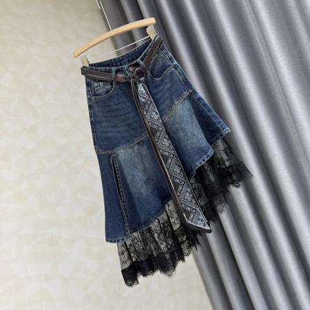 FA52759# 美式设计感不规则蕾丝拼接牛仔半身裙女春秋新款高腰显瘦A字裙子  服裝批發女裝批發服飾貨源