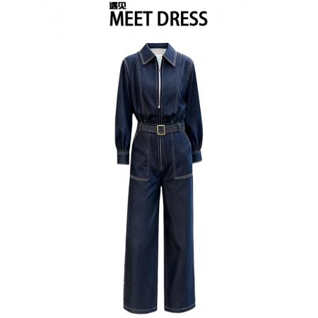 FA52760# 新款高腰阔腿时尚连体裤女小个子休闲宽松气质减龄牛仔连体裤  服裝批發女裝批發服飾貨源