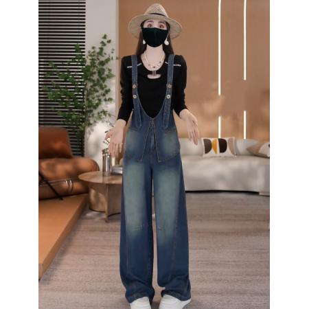 FA52762# 好显瘦的秋季设计感遮肚显瘦牛仔背带裤女新款气质阔腿长裤潮  服裝批發女裝批發服飾貨源