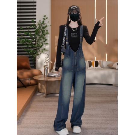 FA52762# 好显瘦的秋季设计感遮肚显瘦牛仔背带裤女新款气质阔腿长裤潮  服裝批發女裝批發服飾貨源