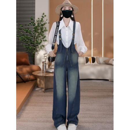 FA52762# 好显瘦的秋季设计感遮肚显瘦牛仔背带裤女新款气质阔腿长裤潮  服裝批發女裝批發服飾貨源