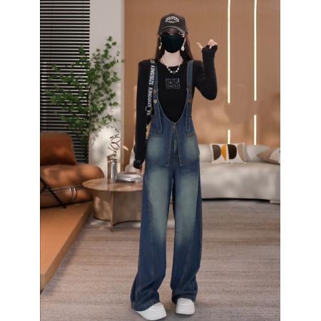 FA52762# 好显瘦的秋季设计感遮肚显瘦牛仔背带裤女新款气质阔腿长裤潮  服裝批發女裝批發服飾貨源