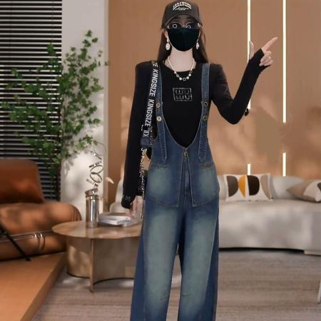 FA52762# 好显瘦的秋季设计感遮肚显瘦牛仔背带裤女新款气质阔腿长裤潮  服裝批發女裝批發服飾貨源