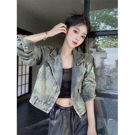 FA52763# 港风复古牛仔短外套女春秋新款潮流长袖上衣时尚休闲百搭机车夹克  服裝批發女裝批發服飾貨源