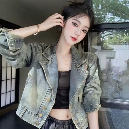 FA52763# 港风复古牛仔短外套女春秋新款潮流长袖上衣时尚休闲百搭机车夹克  服裝批發女裝批發服飾貨源