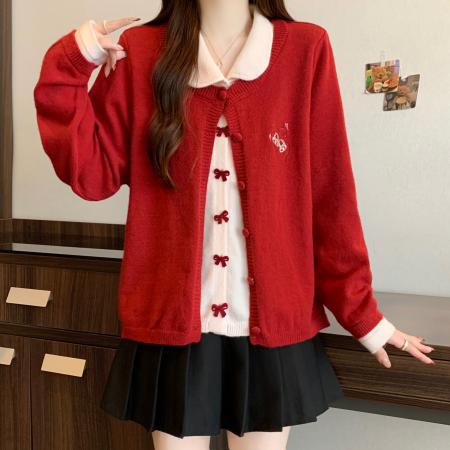 FA52766# 大码新款减龄娃娃领针织衫遮肉显瘦蝴蝶结假两件毛衣外套  服裝批發女裝批發服飾貨源