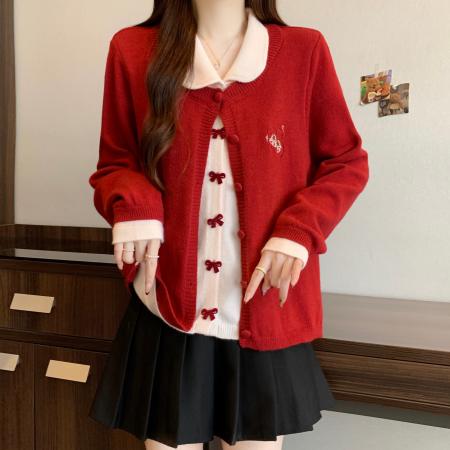 FA52766# 大码新款减龄娃娃领针织衫遮肉显瘦蝴蝶结假两件毛衣外套  服裝批發女裝批發服飾貨源