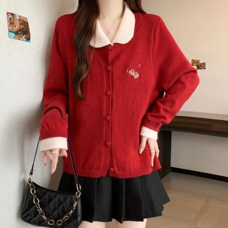 FA52766# 大码新款减龄娃娃领针织衫遮肉显瘦蝴蝶结假两件毛衣外套  服裝批發女裝批發服飾貨源