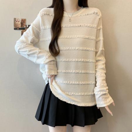 FA52767# 大码新款极简风圆领木耳边打底衫百搭遮肉显瘦长袖上衣  服裝批發女裝批發服飾貨源