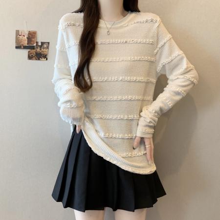 FA52767# 大码新款极简风圆领木耳边打底衫百搭遮肉显瘦长袖上衣  服裝批發女裝批發服飾貨源