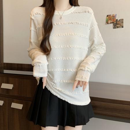 FA52767# 大码新款极简风圆领木耳边打底衫百搭遮肉显瘦长袖上衣  服裝批發女裝批發服飾貨源