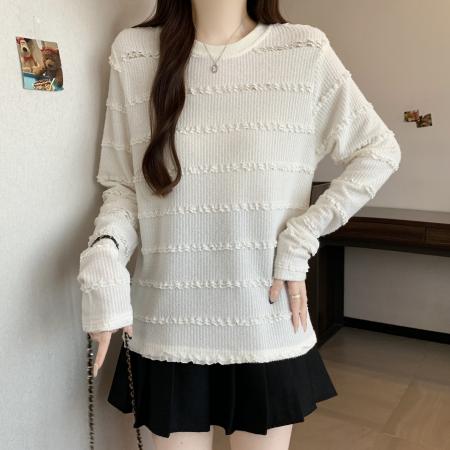 FA52767# 大码新款极简风圆领木耳边打底衫百搭遮肉显瘦长袖上衣  服裝批發女裝批發服飾貨源