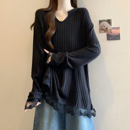 FA52768# 大码新款慵懒风百搭小V领蕾丝花边遮肉显瘦T恤上衣  服裝批發女裝批發服飾貨源