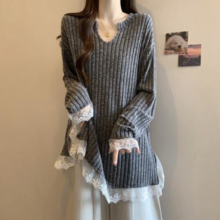 FA52768# 大码新款慵懒风百搭小V领蕾丝花边遮肉显瘦T恤上衣  服裝批發女裝批發服飾貨源