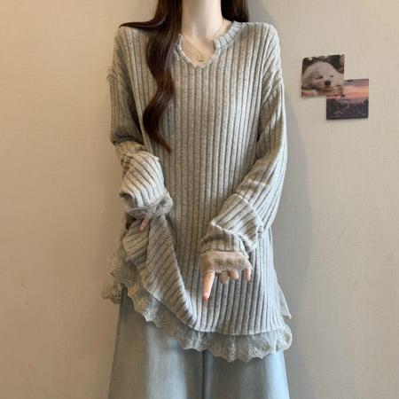 FA52768# 大码新款慵懒风百搭小V领蕾丝花边遮肉显瘦T恤上衣  服裝批發女裝批發服飾貨源