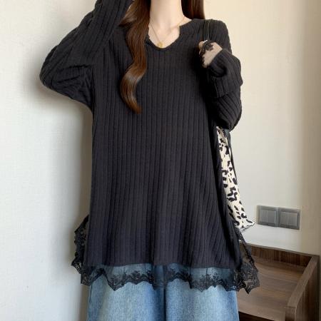 FA52768# 大码新款慵懒风百搭小V领蕾丝花边遮肉显瘦T恤上衣  服裝批發女裝批發服飾貨源