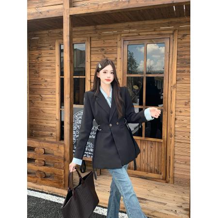 FA52769# 大码女装秋款韩版显瘦气质Polo领衬衣黑色收腰系带西装套装  服裝批發女裝批發服飾貨源