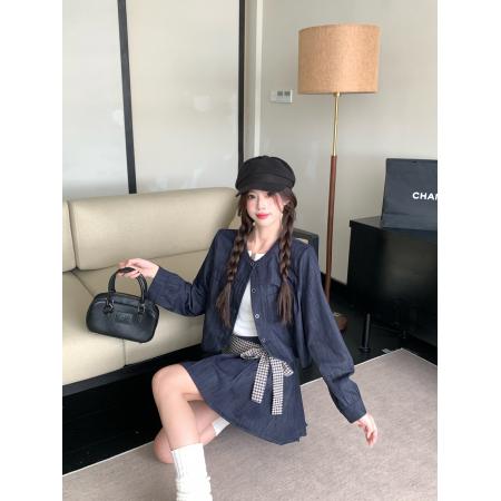 FA52770# 大码女装秋季新款法式复古短外套拼格子高腰短裙三件套  服裝批發女裝批發服飾貨源