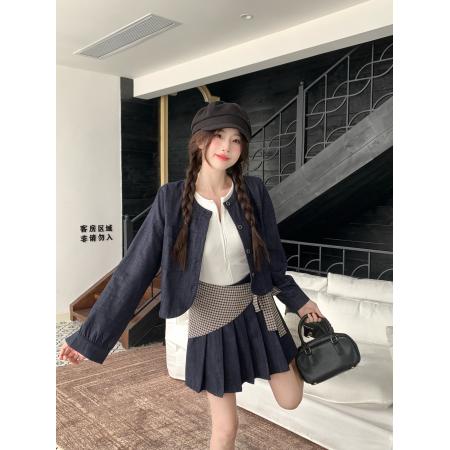 FA52770# 大码女装秋季新款法式复古短外套拼格子高腰短裙三件套  服裝批發女裝批發服飾貨源