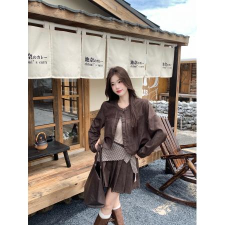 FA52770# 大码女装秋季新款法式复古短外套拼格子高腰短裙三件套  服裝批發女裝批發服飾貨源