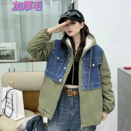 FA52774# 新款冬季冲锋衣拼接牛仔加绒加厚款外套休闲宽松连帽保暖防寒  服裝批發女裝批發服飾貨源