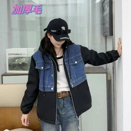 FA52774# 新款冬季冲锋衣拼接牛仔加绒加厚款外套休闲宽松连帽保暖防寒  服裝批發女裝批發服飾貨源