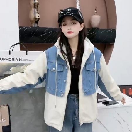 FA52774# 新款冬季冲锋衣拼接牛仔加绒加厚款外套休闲宽松连帽保暖防寒  服裝批發女裝批發服飾貨源