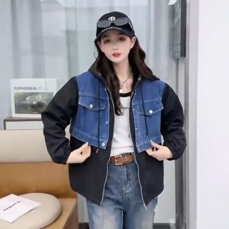 FA52774# 新款冬季冲锋衣拼接牛仔加绒加厚款外套休闲宽松连帽保暖防寒  服裝批發女裝批發服飾貨源