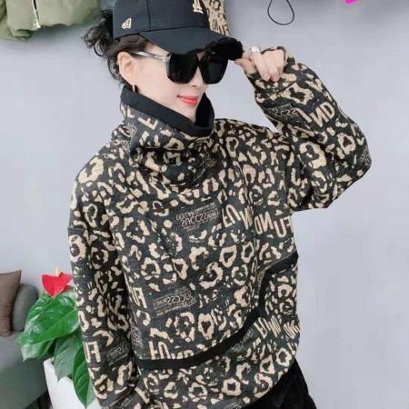 FA52776# 欧洲站高领卫衣女冬新款时尚豹纹欧货洋气加绒打底衫上衣女潮  服裝批發女裝批發服飾貨源