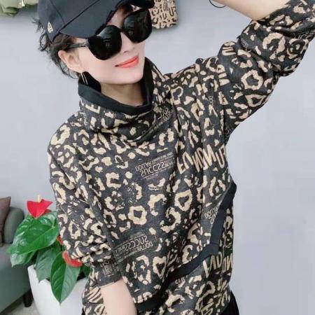 FA52776# 欧洲站高领卫衣女冬新款时尚豹纹欧货洋气加绒打底衫上衣女潮  服裝批發女裝批發服飾貨源