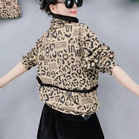 FA52776# 欧洲站高领卫衣女冬新款时尚豹纹欧货洋气加绒打底衫上衣女潮  服裝批發女裝批發服飾貨源