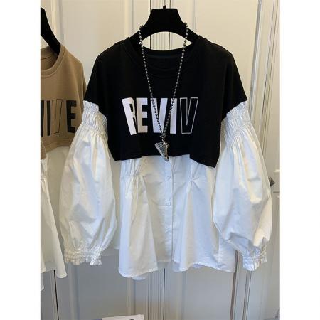 FA52781# 字母拼接撞色韩版宽松休闲娃娃款裙摆式长袖衬衫卫衣上衣女新款  服裝批發女裝批發服飾貨源