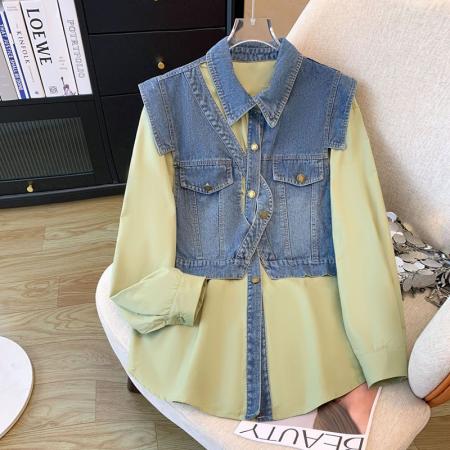 FA52786# 欧洲站春装新款时尚小众设计感不规则时尚拼接牛仔马甲衬衫女  服裝批發女裝批發服飾貨源