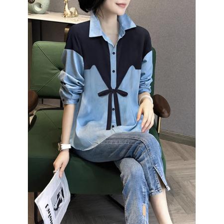 FA52787# 春秋新款上衣撞色拼接长袖衬衫女宽松时尚系带洋气小衫  服裝批發女裝批發服飾貨源