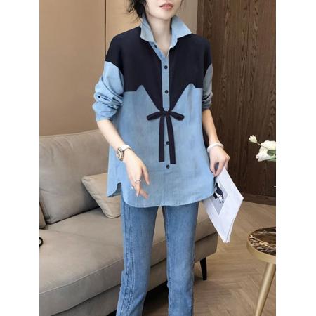 FA52787# 春秋新款上衣撞色拼接长袖衬衫女宽松时尚系带洋气小衫  服裝批發女裝批發服飾貨源