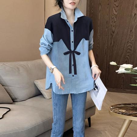 FA52787# 春秋新款上衣撞色拼接长袖衬衫女宽松时尚系带洋气小衫  服裝批發女裝批發服飾貨源