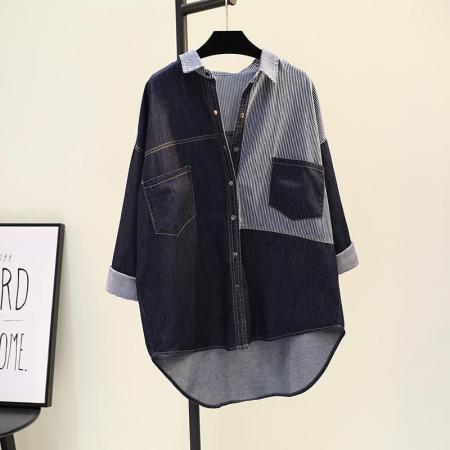 FA52788# 多巴胺春秋款牛仔衬衫女外穿洋气韩版宽松拼接衬衣牛仔衣上衣外套  服裝批發女裝批發服飾貨源