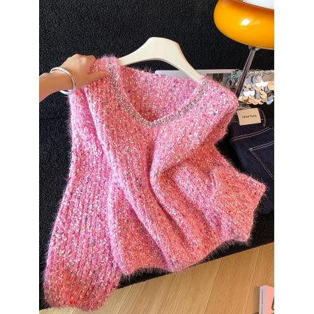 FA52794# ～韩版钉珠彩色波点拼接软糯毛衣女秋冬慵懒风时尚气质上衣  服裝批發女裝批發服飾貨源