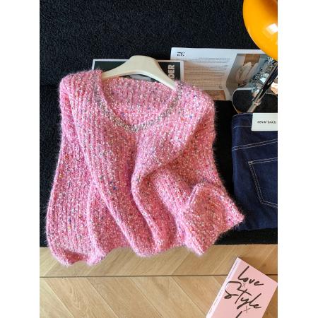 FA52794# ～韩版钉珠彩色波点拼接软糯毛衣女秋冬慵懒风时尚气质上衣  服裝批發女裝批發服飾貨源