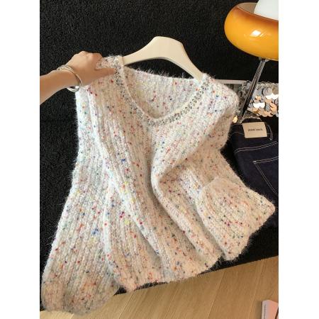 FA52794# ～韩版钉珠彩色波点拼接软糯毛衣女秋冬慵懒风时尚气质上衣  服裝批發女裝批發服飾貨源