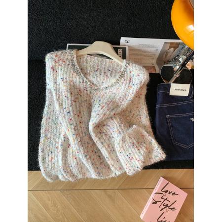 FA52794# ～韩版钉珠彩色波点拼接软糯毛衣女秋冬慵懒风时尚气质上衣  服裝批發女裝批發服飾貨源