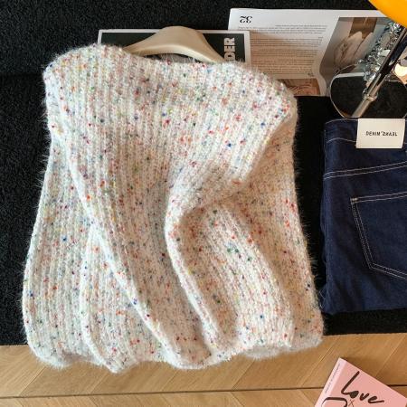 FA52794# ～韩版钉珠彩色波点拼接软糯毛衣女秋冬慵懒风时尚气质上衣  服裝批發女裝批發服飾貨源