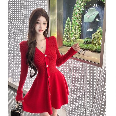 FA52797# 纯欲辣妹性感跨年战袍毛衣连衣裙女秋冬V领针织红色蓬蓬裙子  服裝批發女裝批發服飾貨源