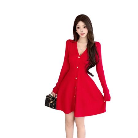 FA52797# 纯欲辣妹性感跨年战袍毛衣连衣裙女秋冬V领针织红色蓬蓬裙子  服裝批發女裝批發服飾貨源