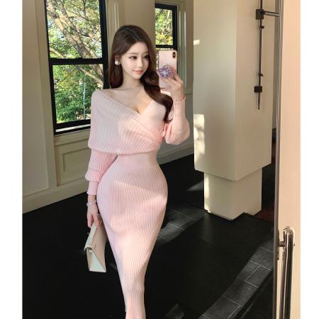 FA52798# 心动情书冬季新款韩系性感辣妹名媛气质风V领针织连衣裙长裙  服裝批發女裝批發服飾貨源