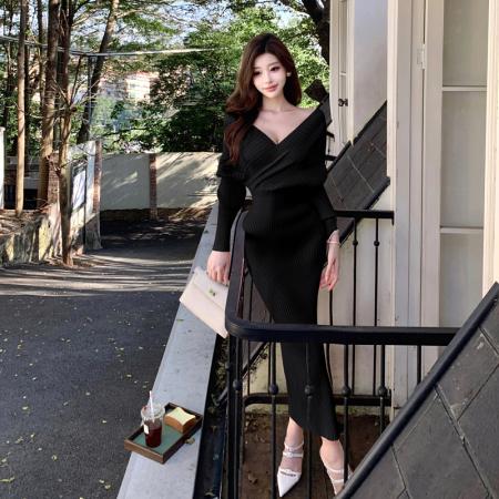 FA52798# 心动情书冬季新款韩系性感辣妹名媛气质风V领针织连衣裙长裙  服裝批發女裝批發服飾貨源