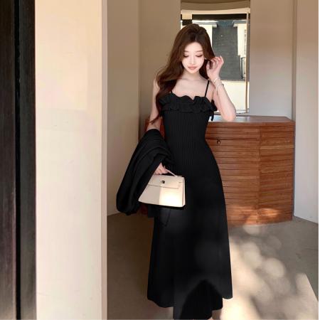 FA52799# 氛围感花朵针织吊带连衣裙秋冬新款气质中长款毛衣外套两件套  服裝批發女裝批發服飾貨源