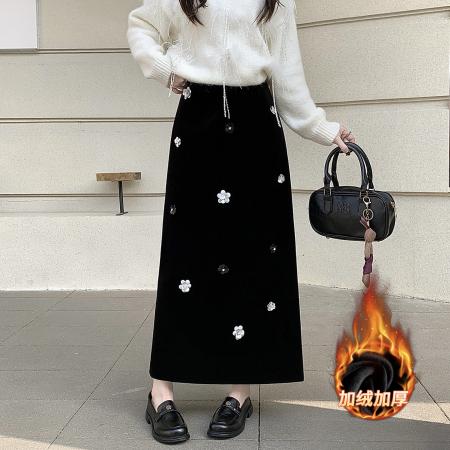 FA52800# 秋冬高定手工坊立体定位定珠黑色直筒丝绒开叉半身裙  服裝批發女裝批發服飾貨源